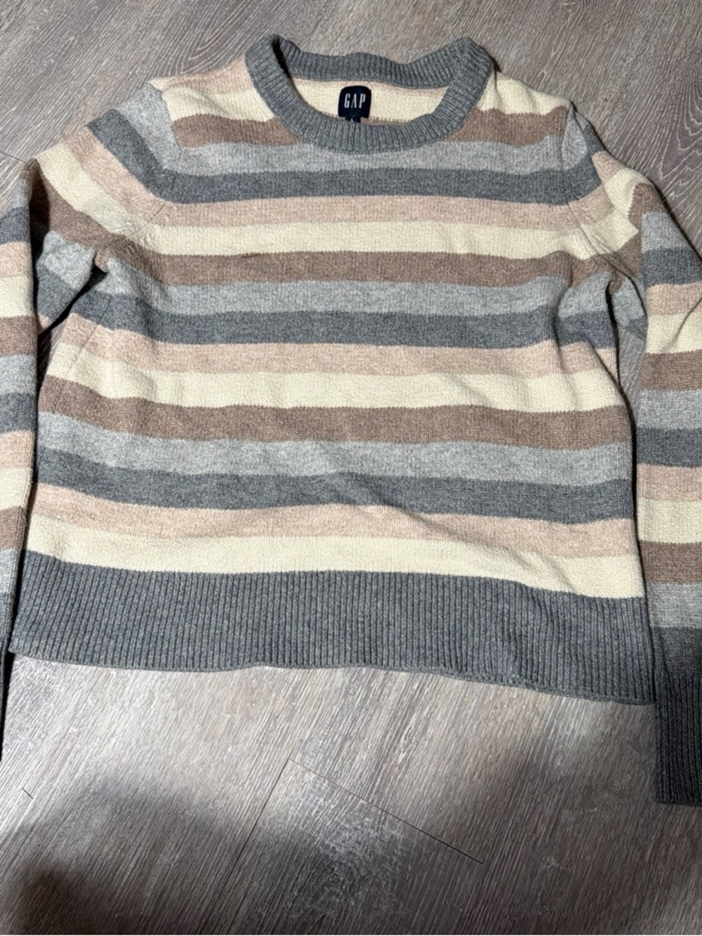 GAP Men's Striped Crewneck Sweater in Gray, Cream & Tan